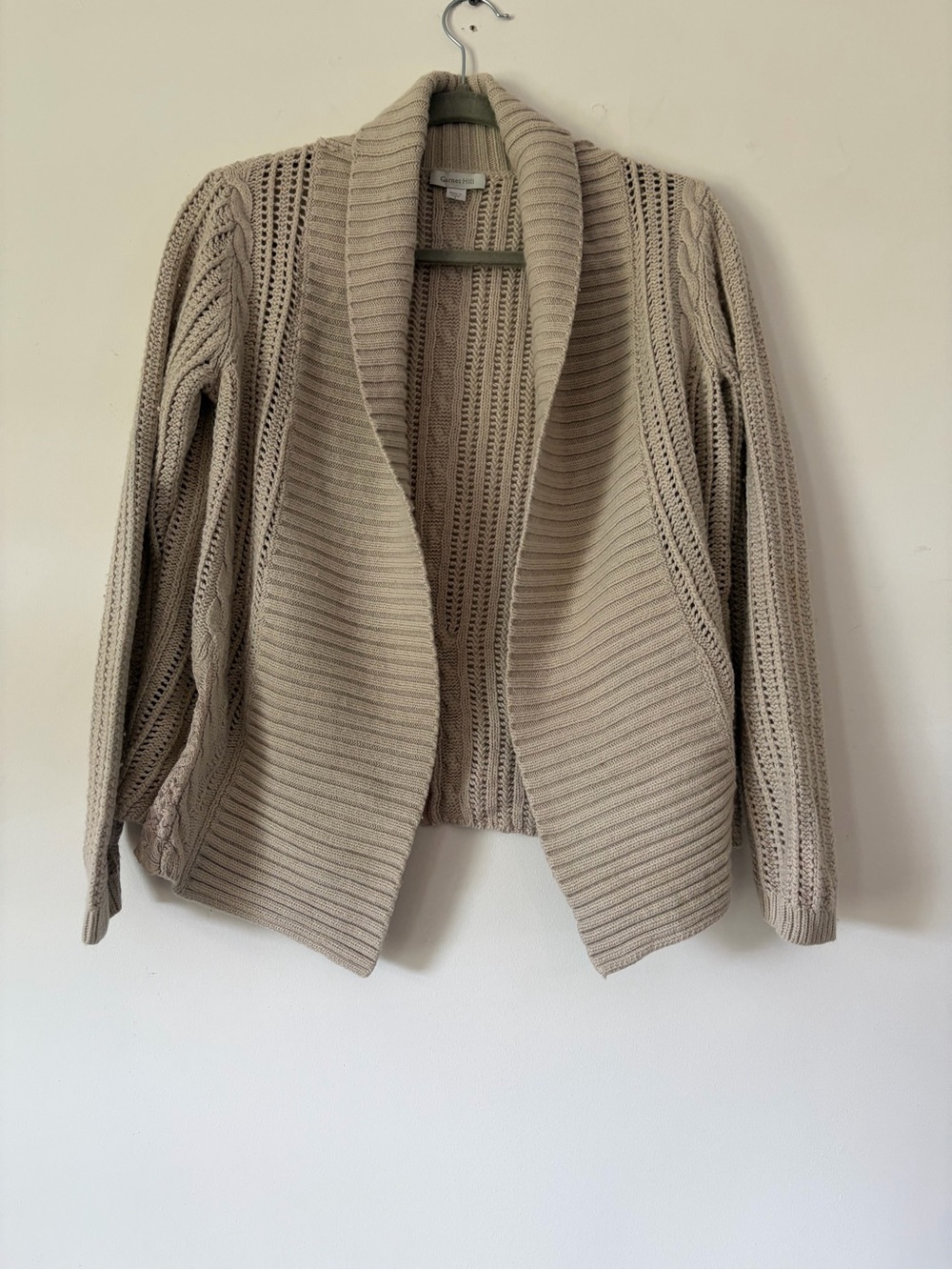 Garnet Hill open cable knit cardigan sz S ribbed cashmere angora wool preppy